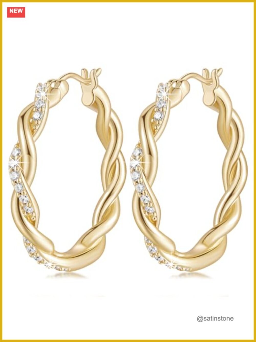 14K Gold Plated Twisted Hoop Earrings Cubic Zirconia Hinged Snap Back